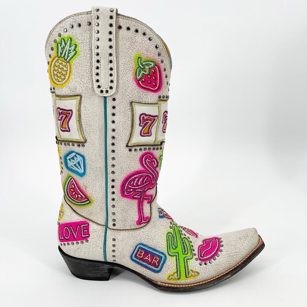 Old Gringo Jackpot Women’s 11 Distressed White Neon Embroidered Cowgirl Boots - Picture 3 of 12